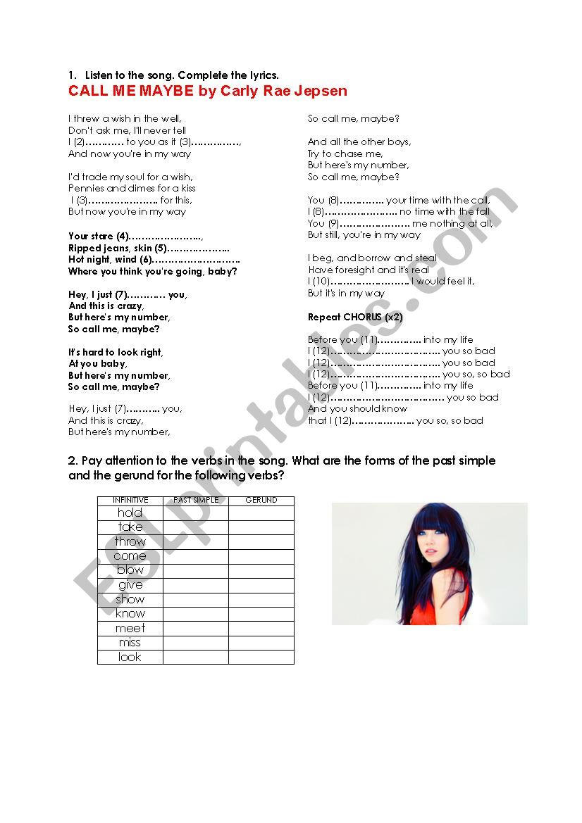 Song Worksheet: Call me Maybe (past simple and continuous)