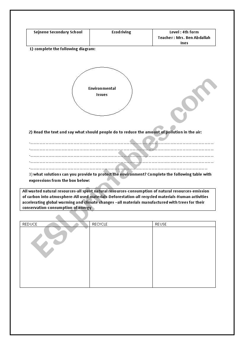 ecodriving worksheet