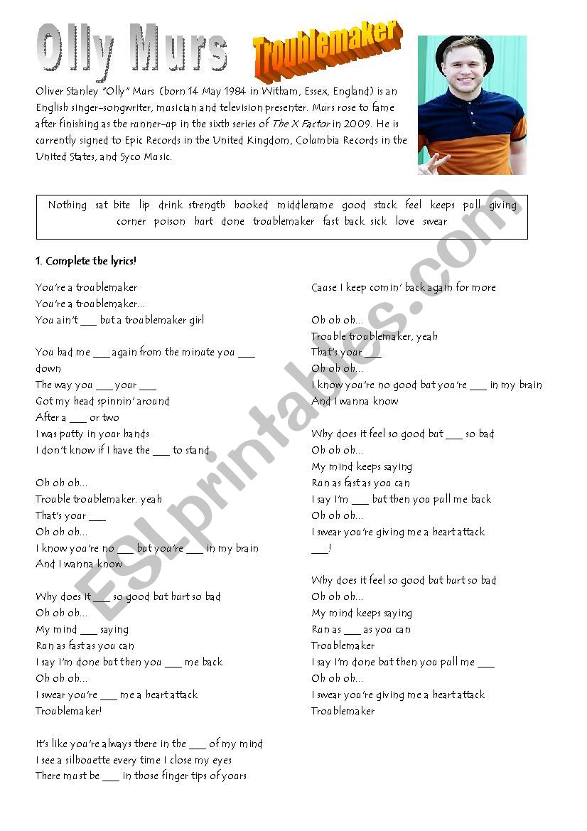 Troublemaker by Olly Murs worksheet