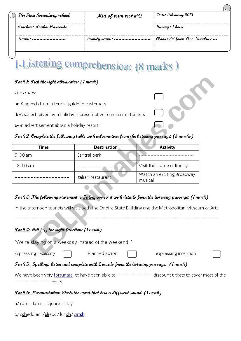 mid of term test n°2 3rd form - ESL worksheet by salma23
