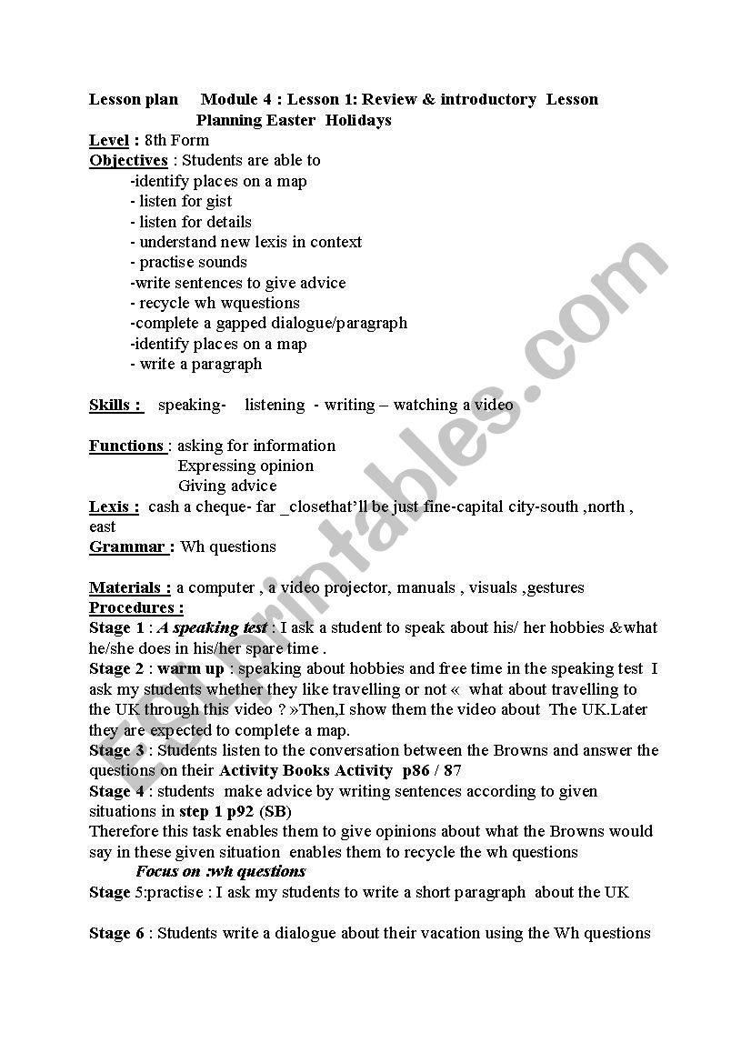 planning for easter holidays 8th form ESL worksheet by eyyaa