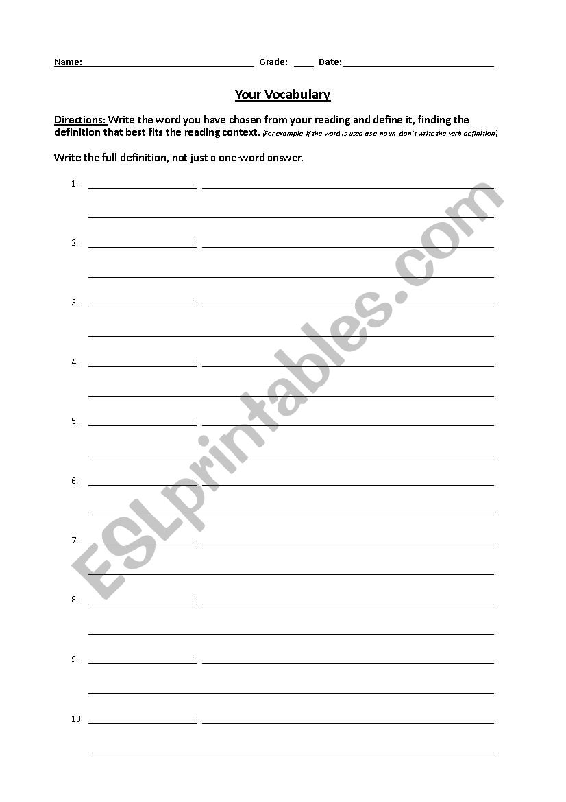 Self-Created Vocabulary list, template form - ESL worksheet by Regarding Blank Vocabulary Worksheet Template