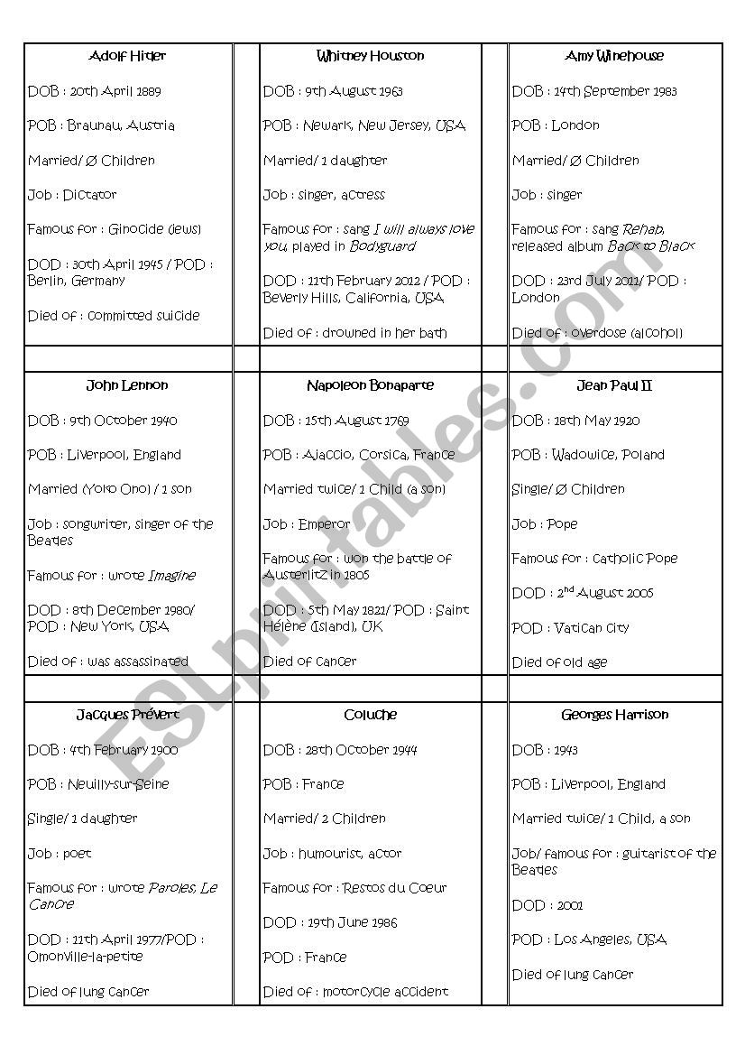 biography QUIZ part 3 (cards) worksheet