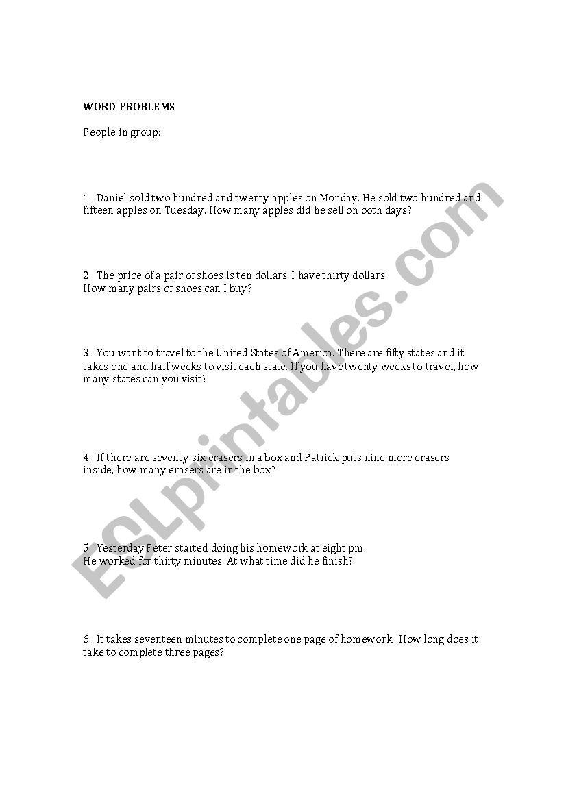Word Problems Worksheet worksheet