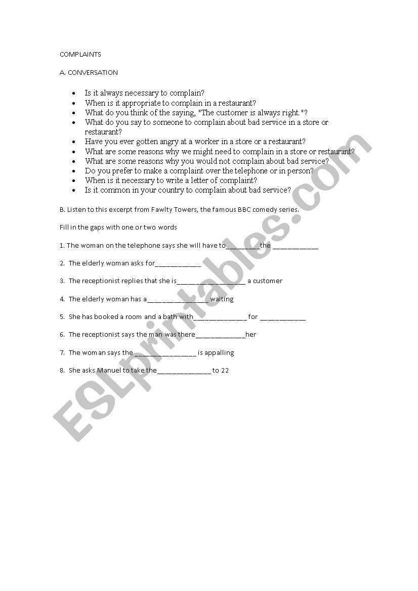 Complaints worksheet