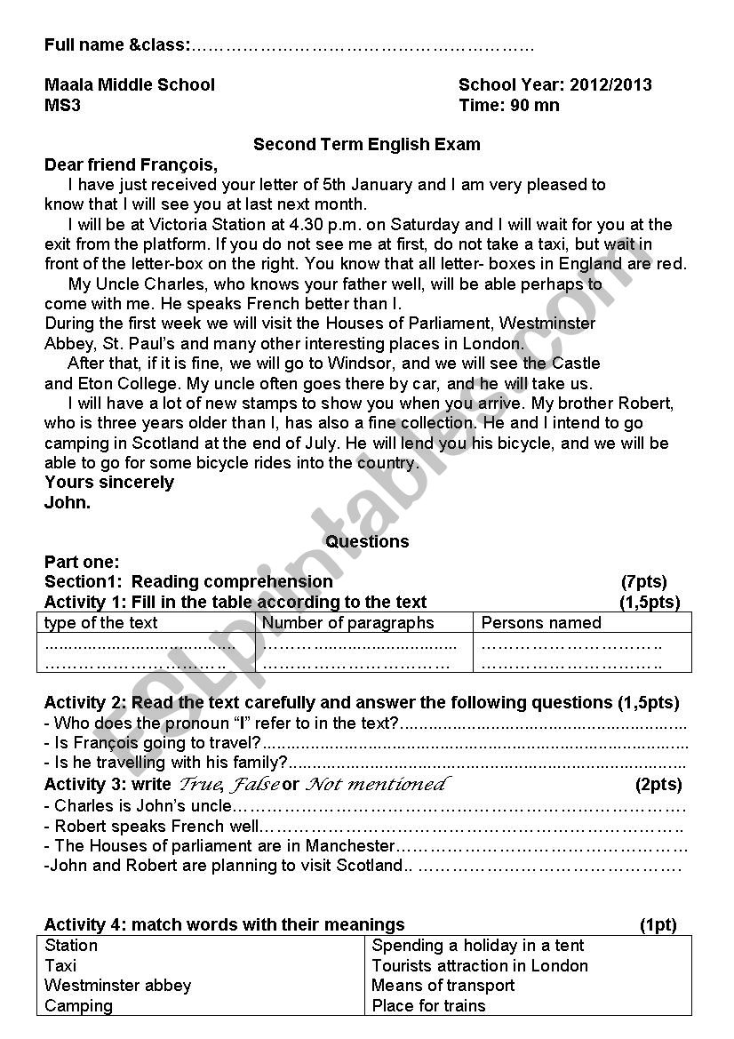 free secondary school exam paper