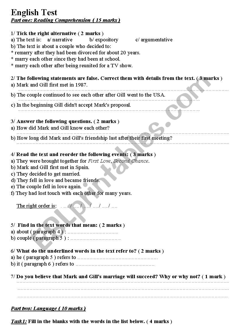 english exam 2nd year arts worksheet