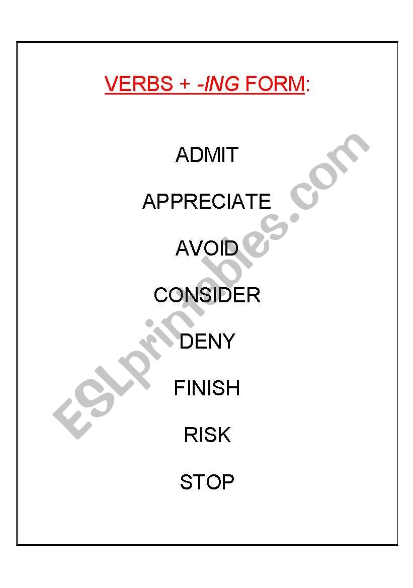 Verbs + ing form worksheet