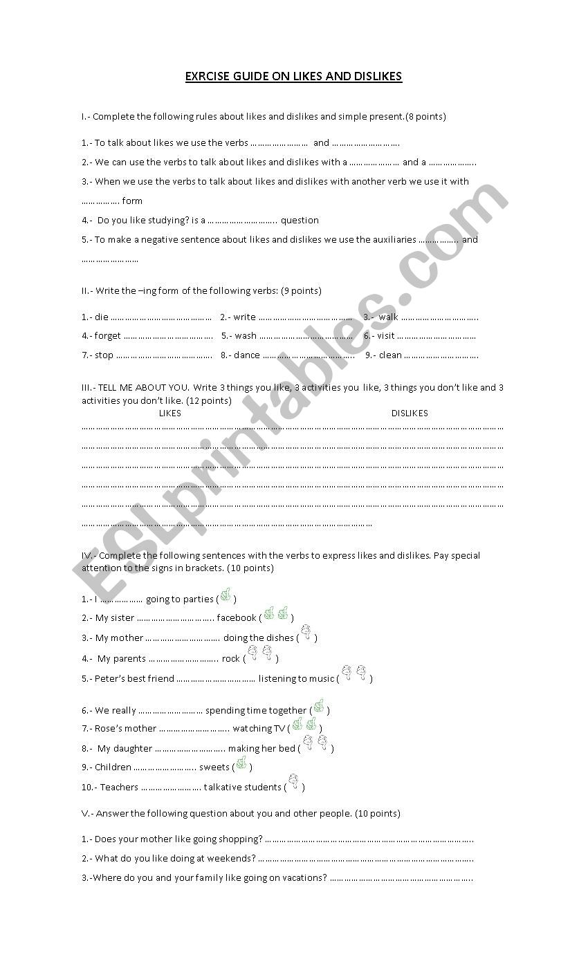 Likes and Dislikes worksheet