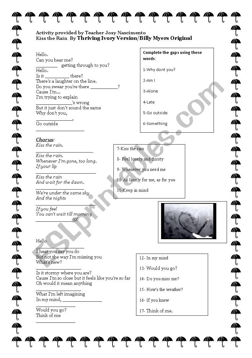 Kiss the Rain worksheet