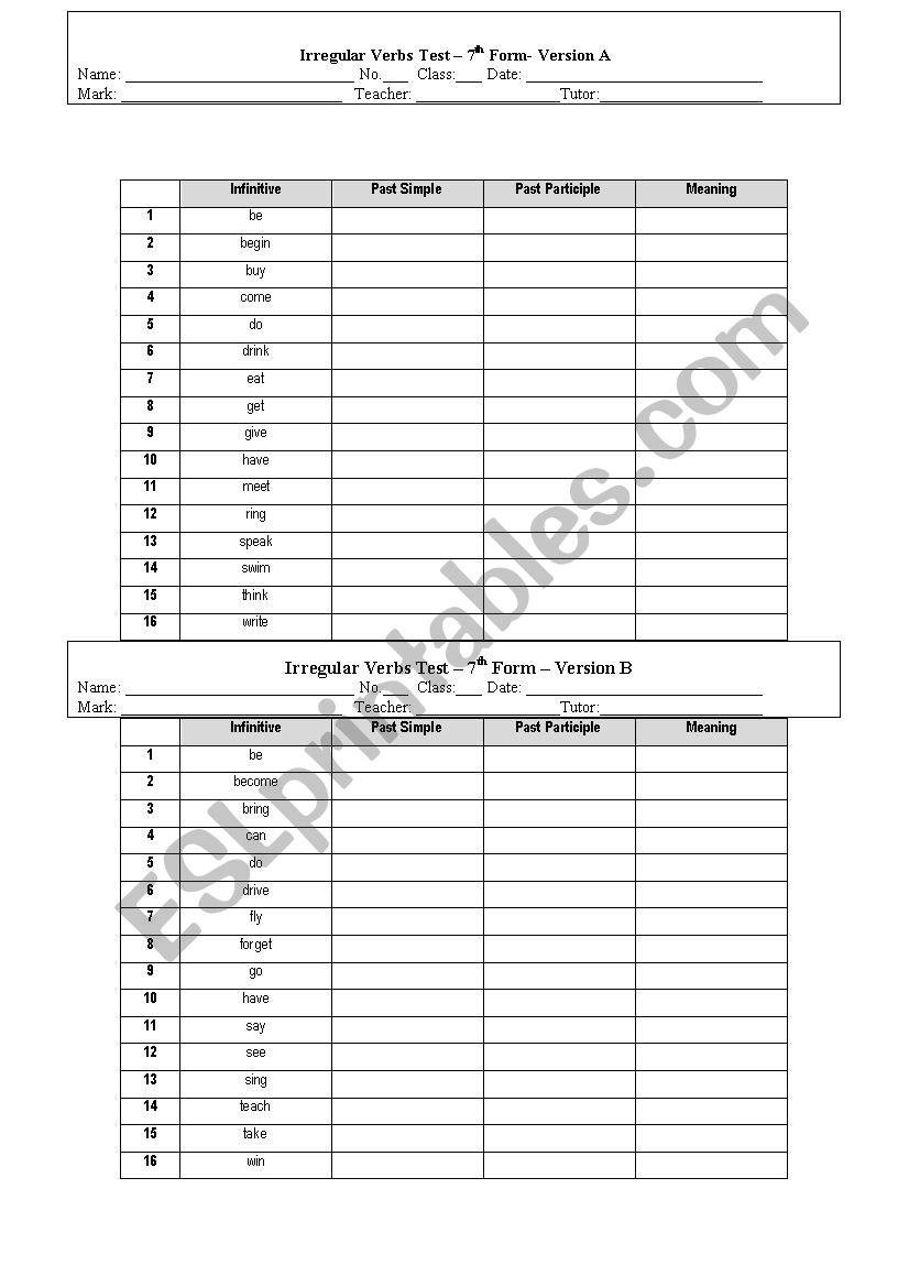 Test- Irregular verbs worksheet