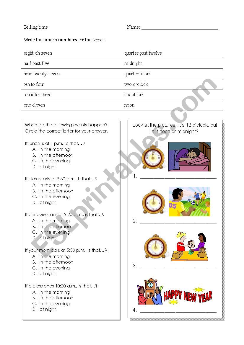 Telling Time Review (words to numbers, noon/midnight, in the morning/afternoon, at night)