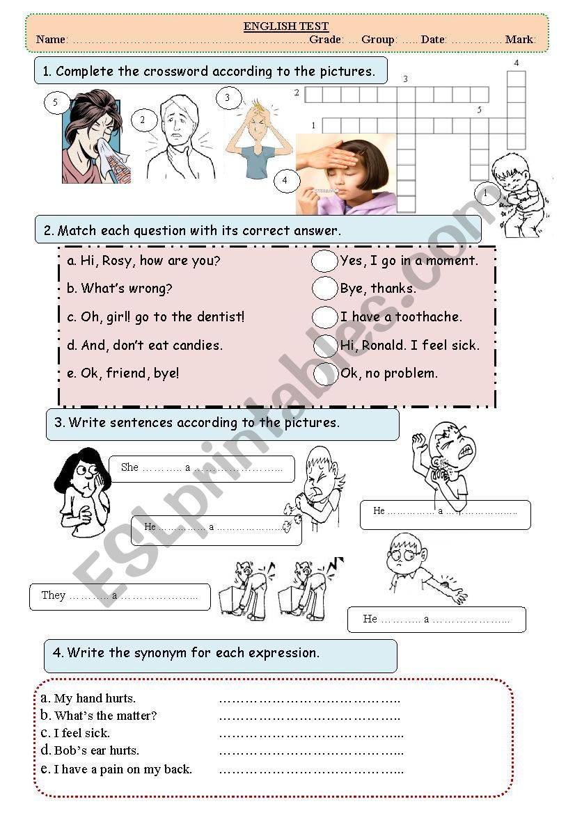 english test for ilness worksheet