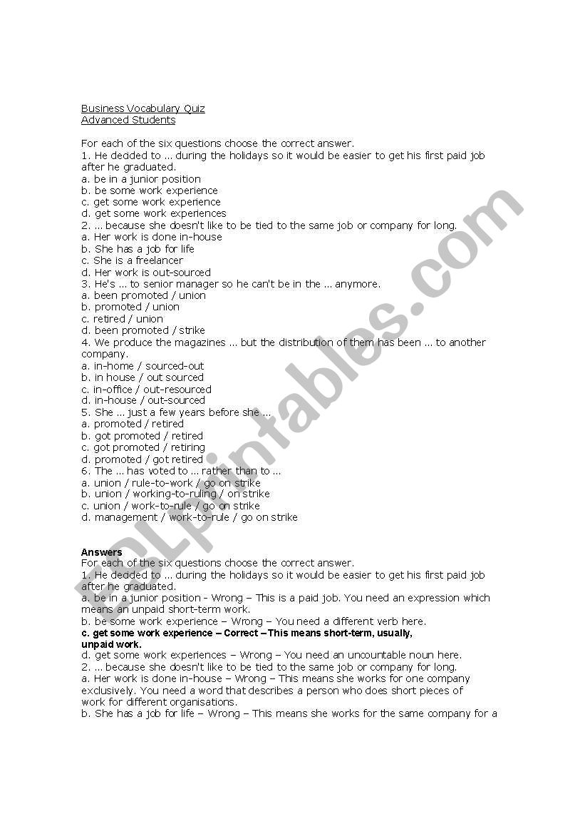 Business Vocabulary worksheet