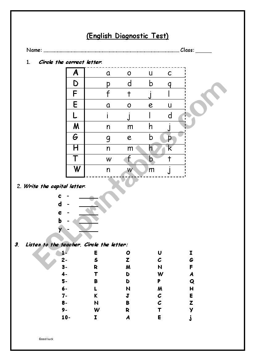 (English Diagnostic Test) letters ABC