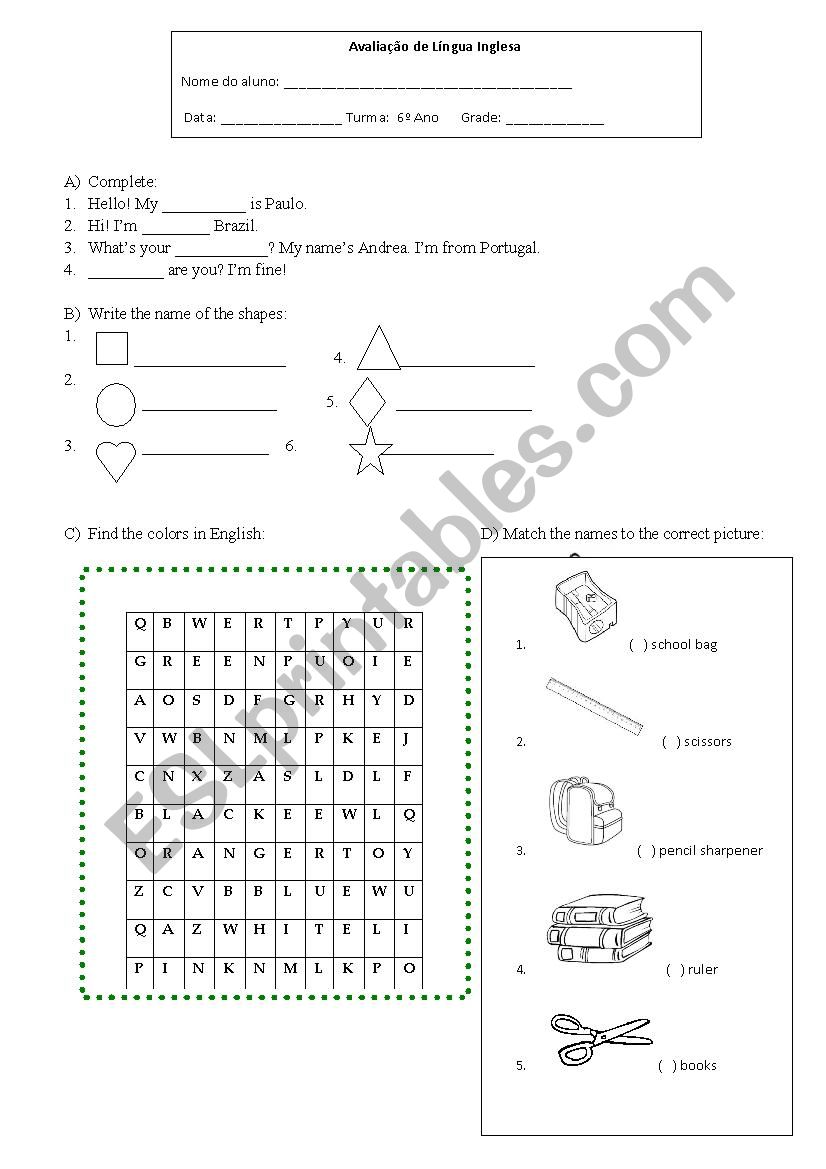 English Test worksheet