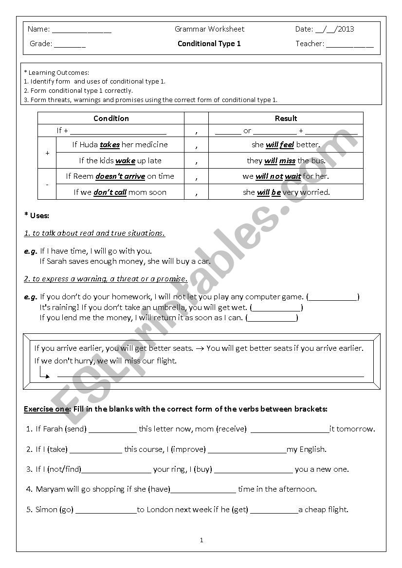 Conditional type 1 worksheet