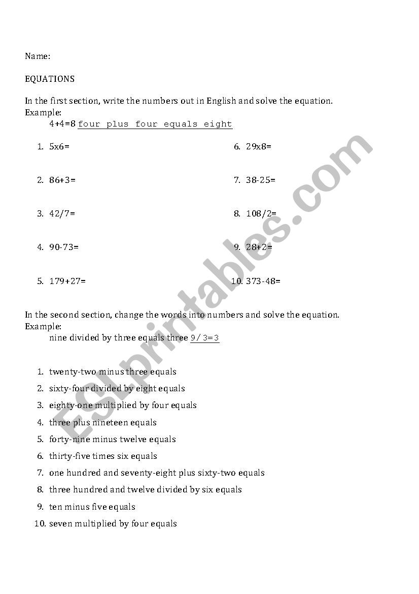 Equations Worksheet worksheet