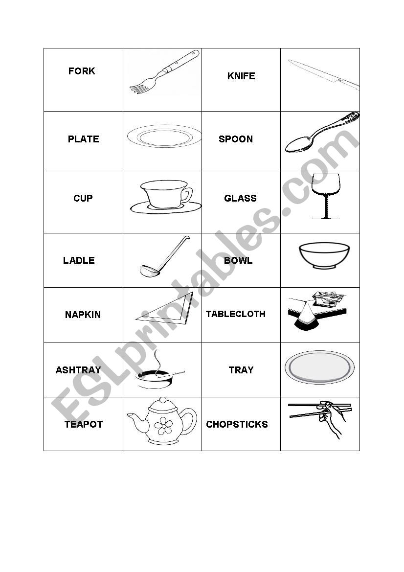 Tableware memory game worksheet