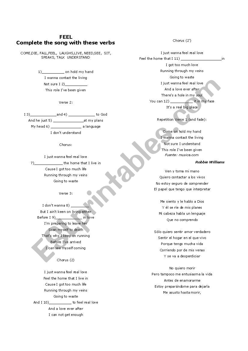 Feel by R.Williams worksheet