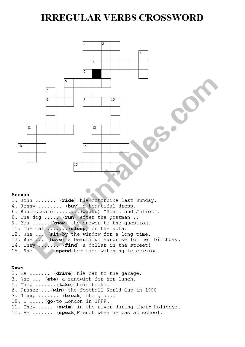 IRREGULAR VERBS CROSSWORD REVISION