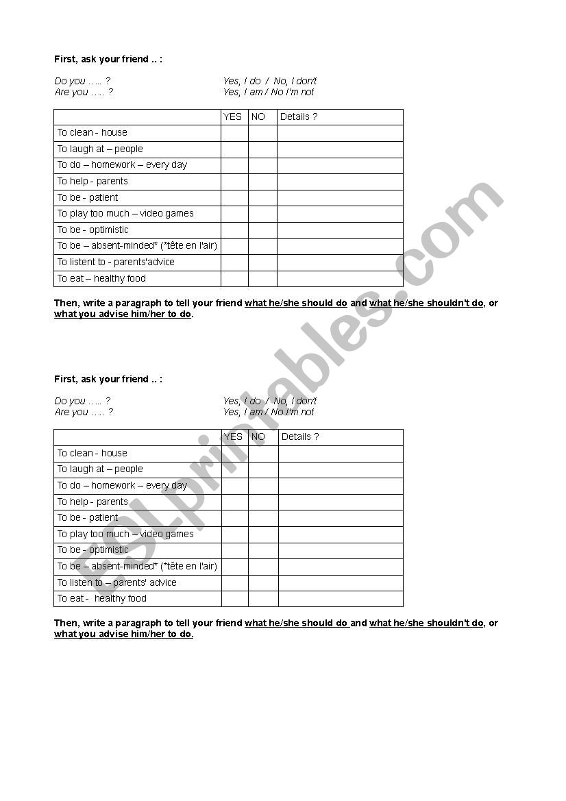 habits and advice worksheet