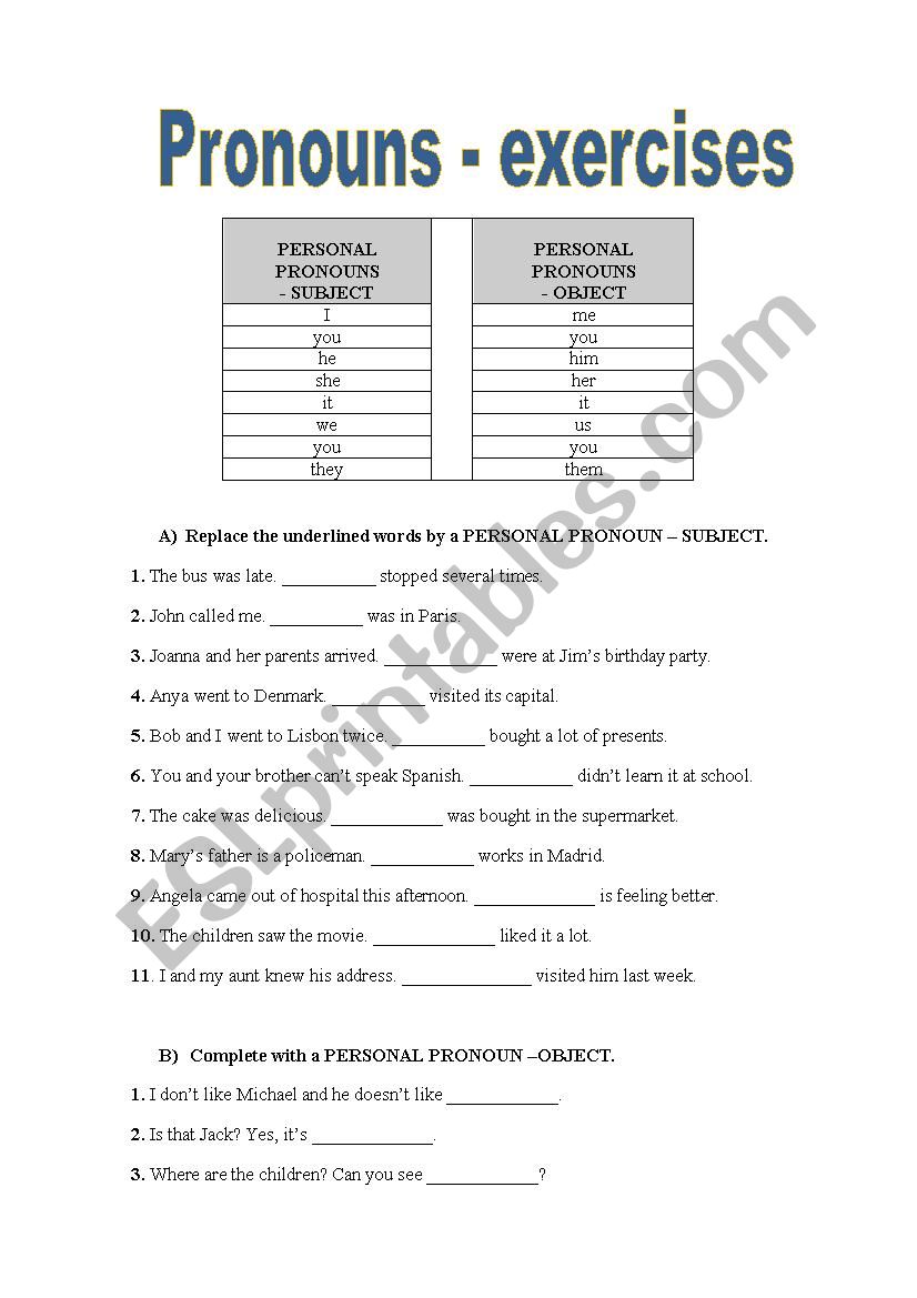 Personal pronouns worksheet