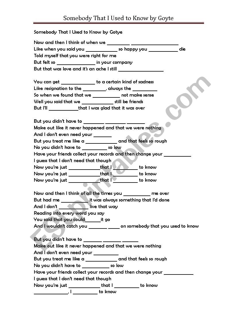 Somebody That I Used to Know worksheet