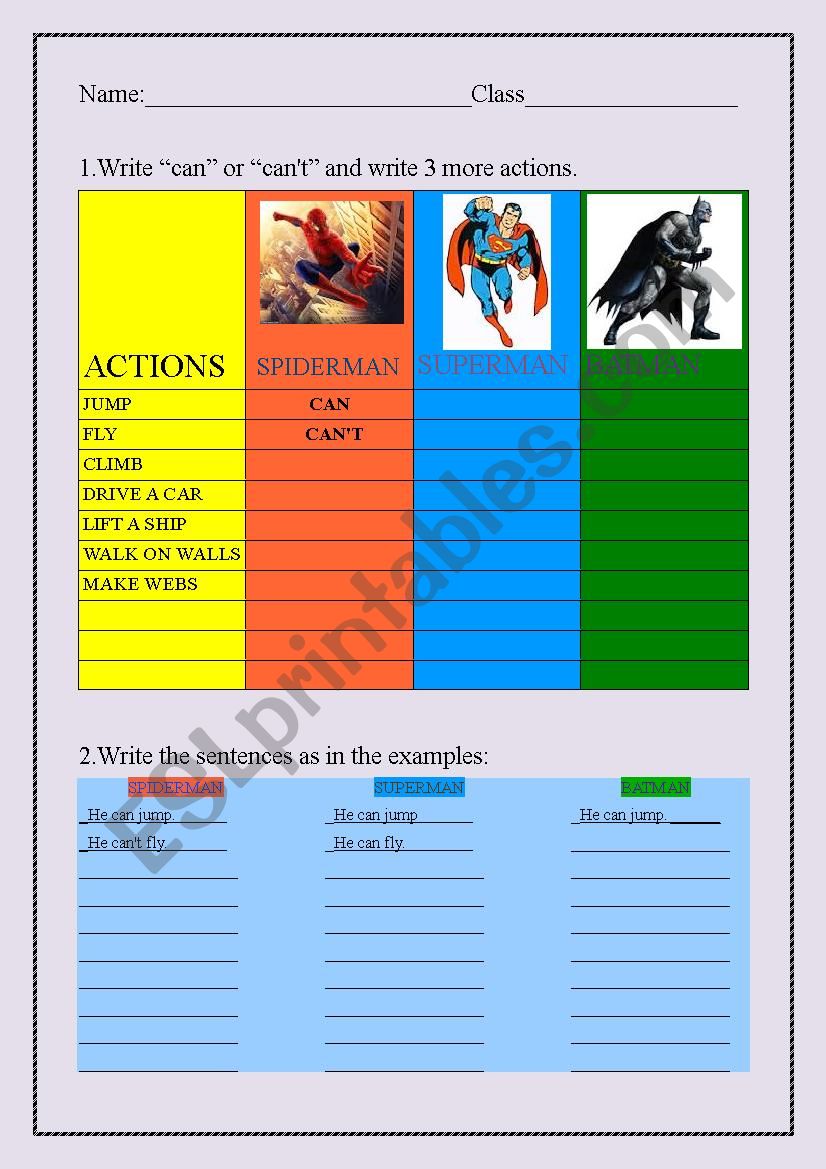 Superheroes can/cant worksheet