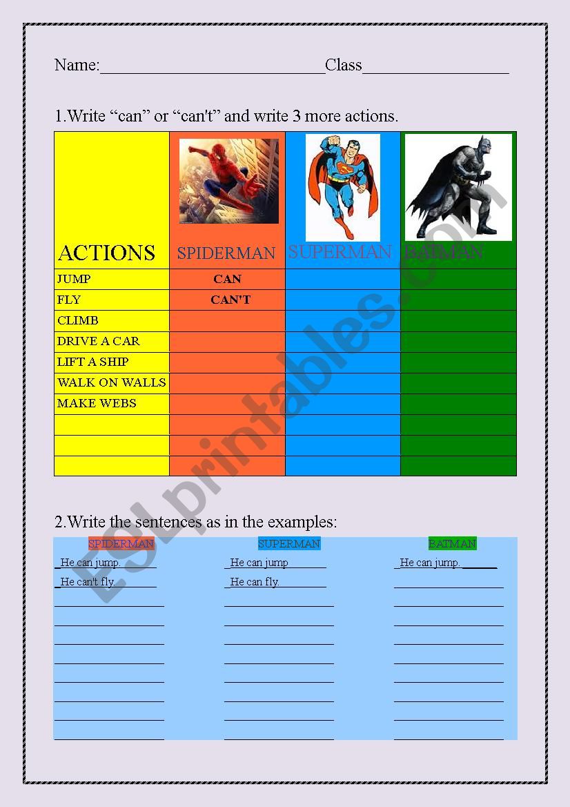 Superheroes can/canÂ´t worksheet
