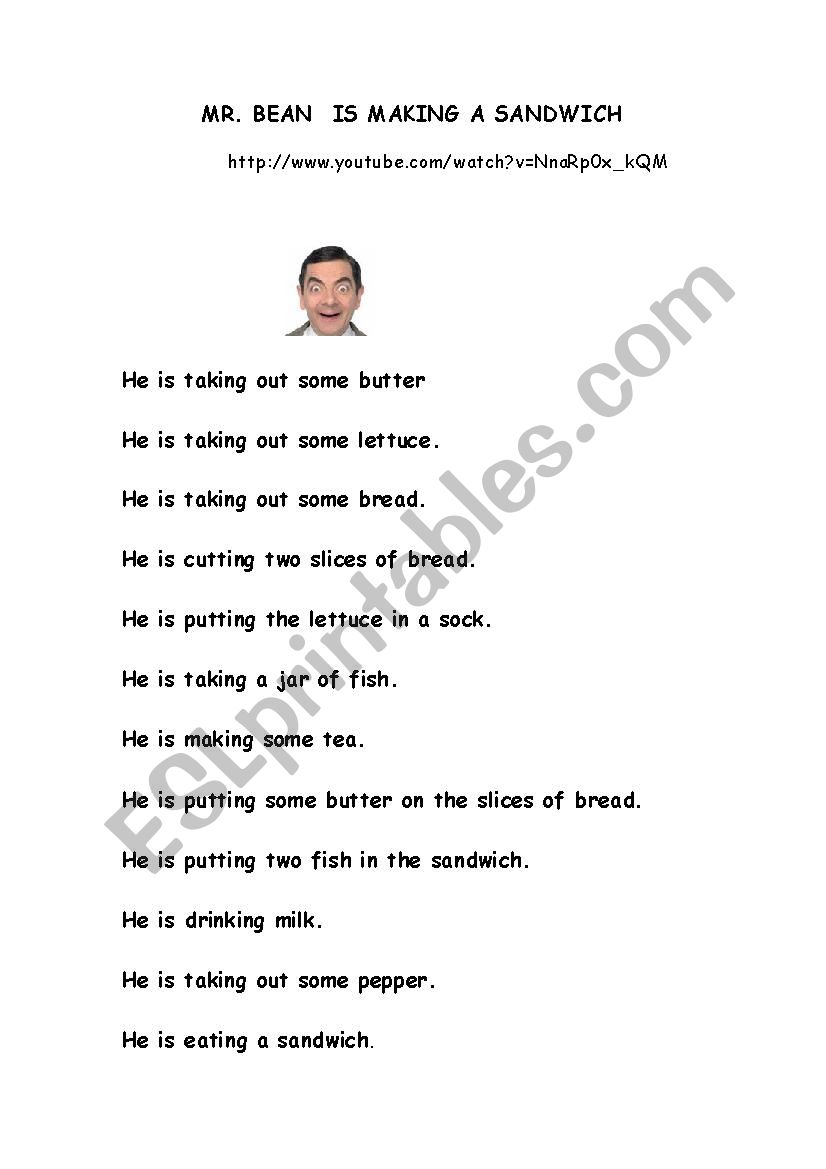 Mr Bean making a sandwich worksheet