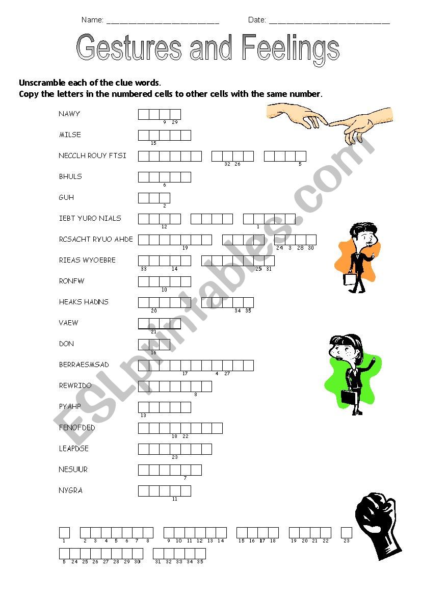 Unscramble the words - gestures and feelings (keys included)