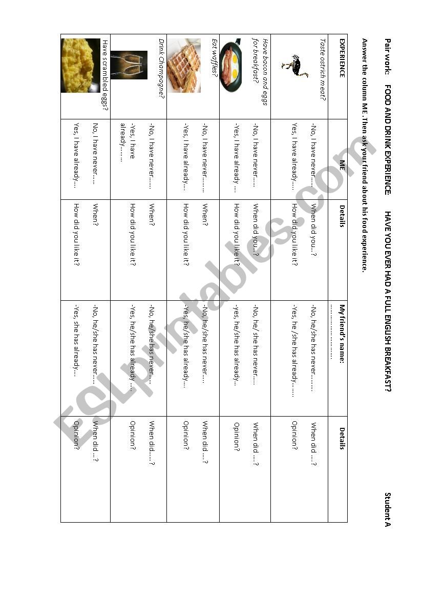 Food experience worksheet