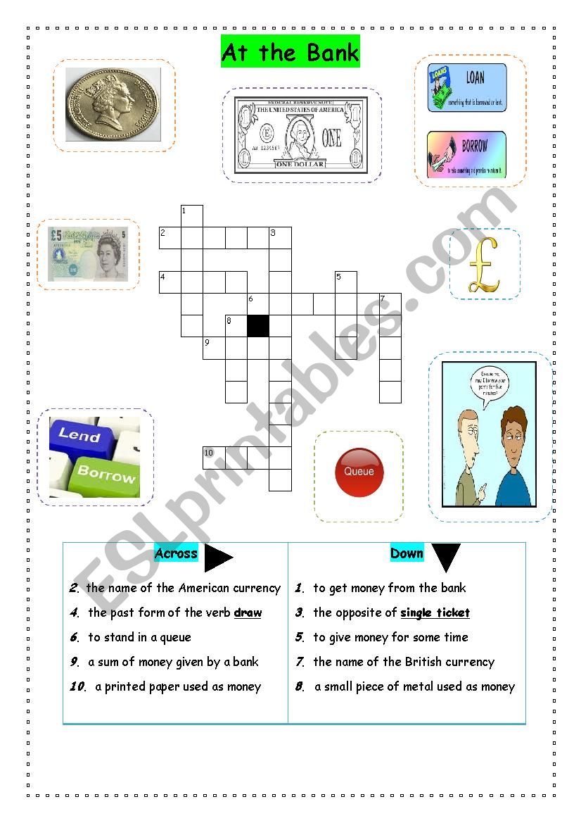 AT THE BANK crossword puzzle worksheet