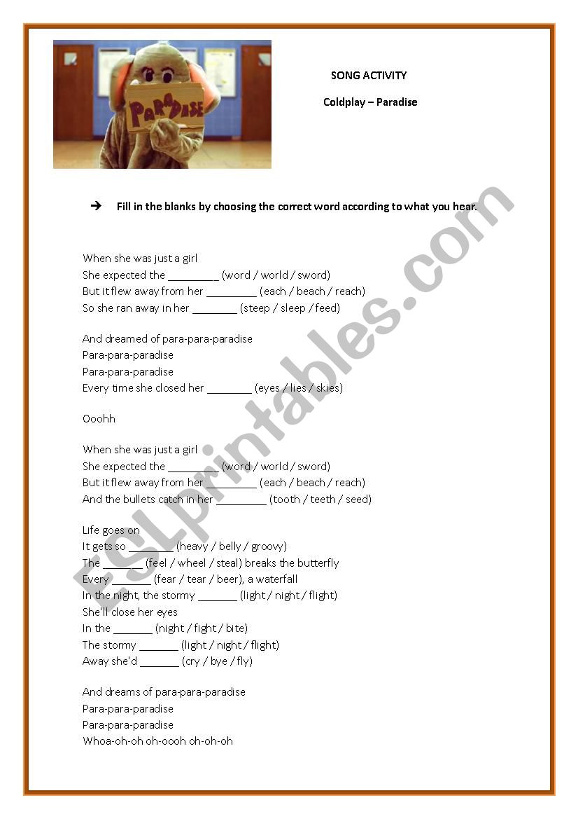 Paradise - Coldplay song and nursery…: English ESL worksheets pdf