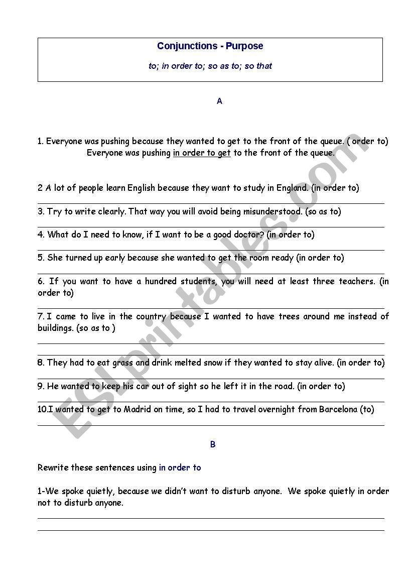 PURPOSE CLAUSES worksheet