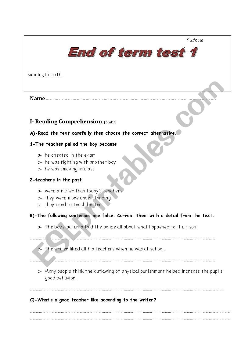 End Of term test 1 9th form worksheet