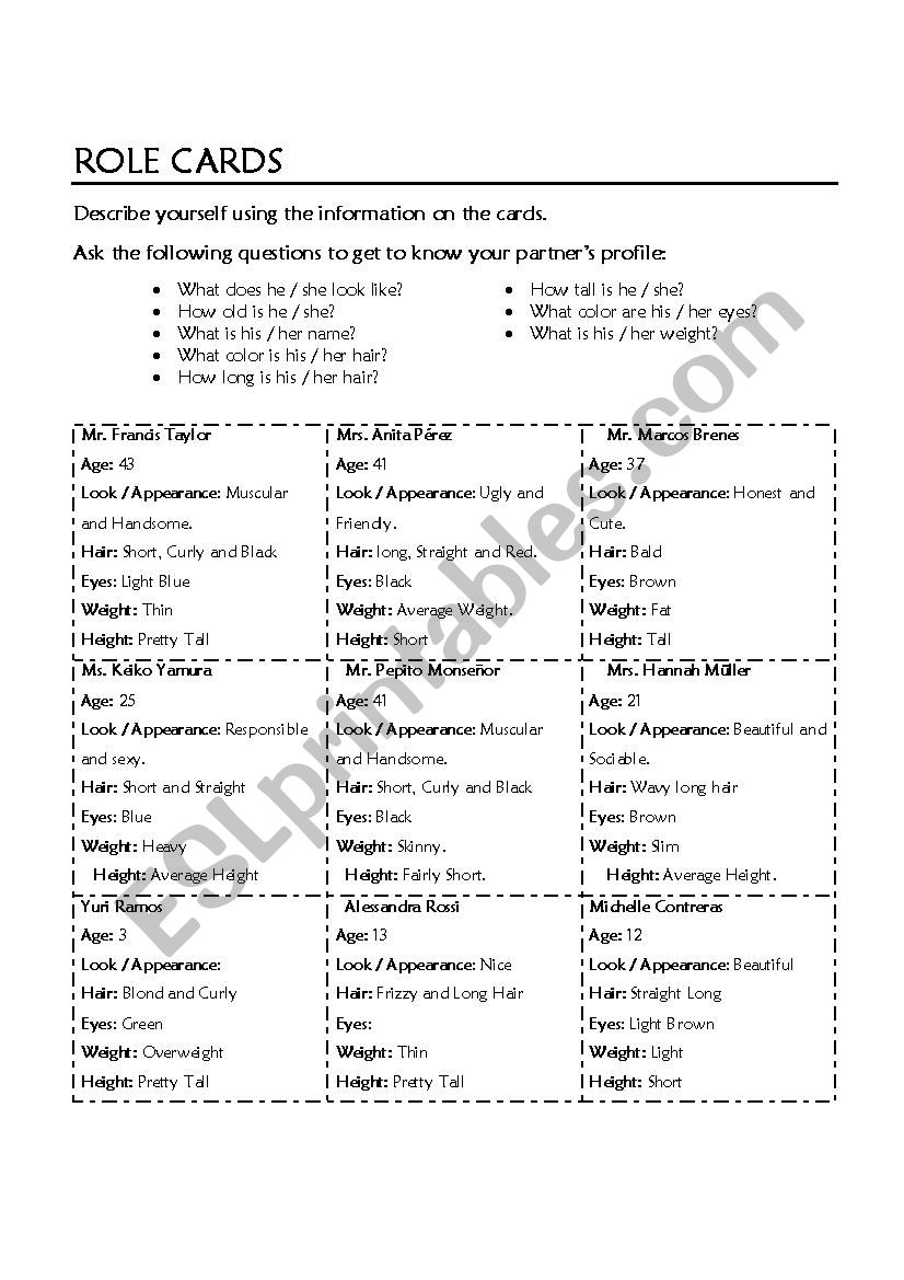 Role Card worksheet