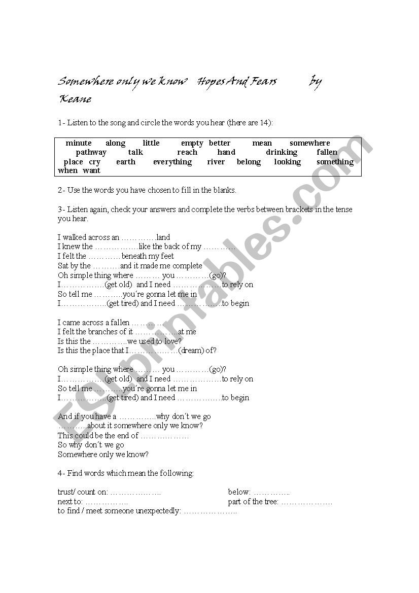 Somewhere only we know worksheet