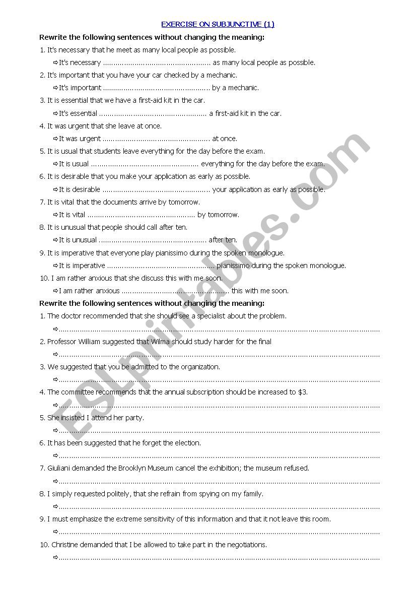 Exercise on Subjunctive (1) worksheet