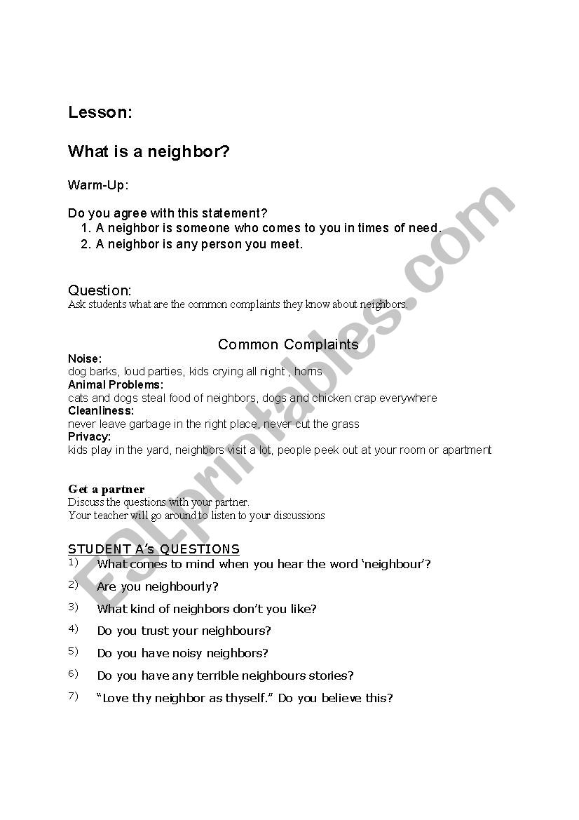 Neighbor worksheet