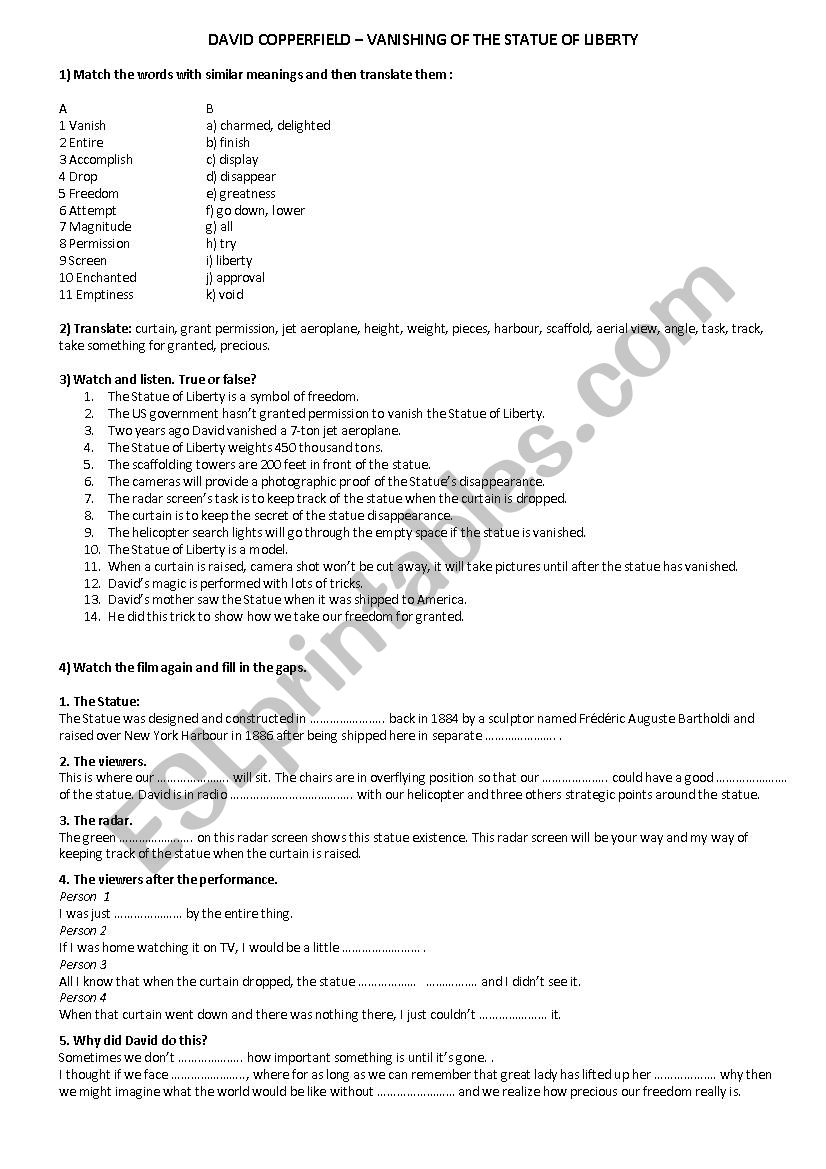 The vanishing of the Statue of Liberty - listening compr.