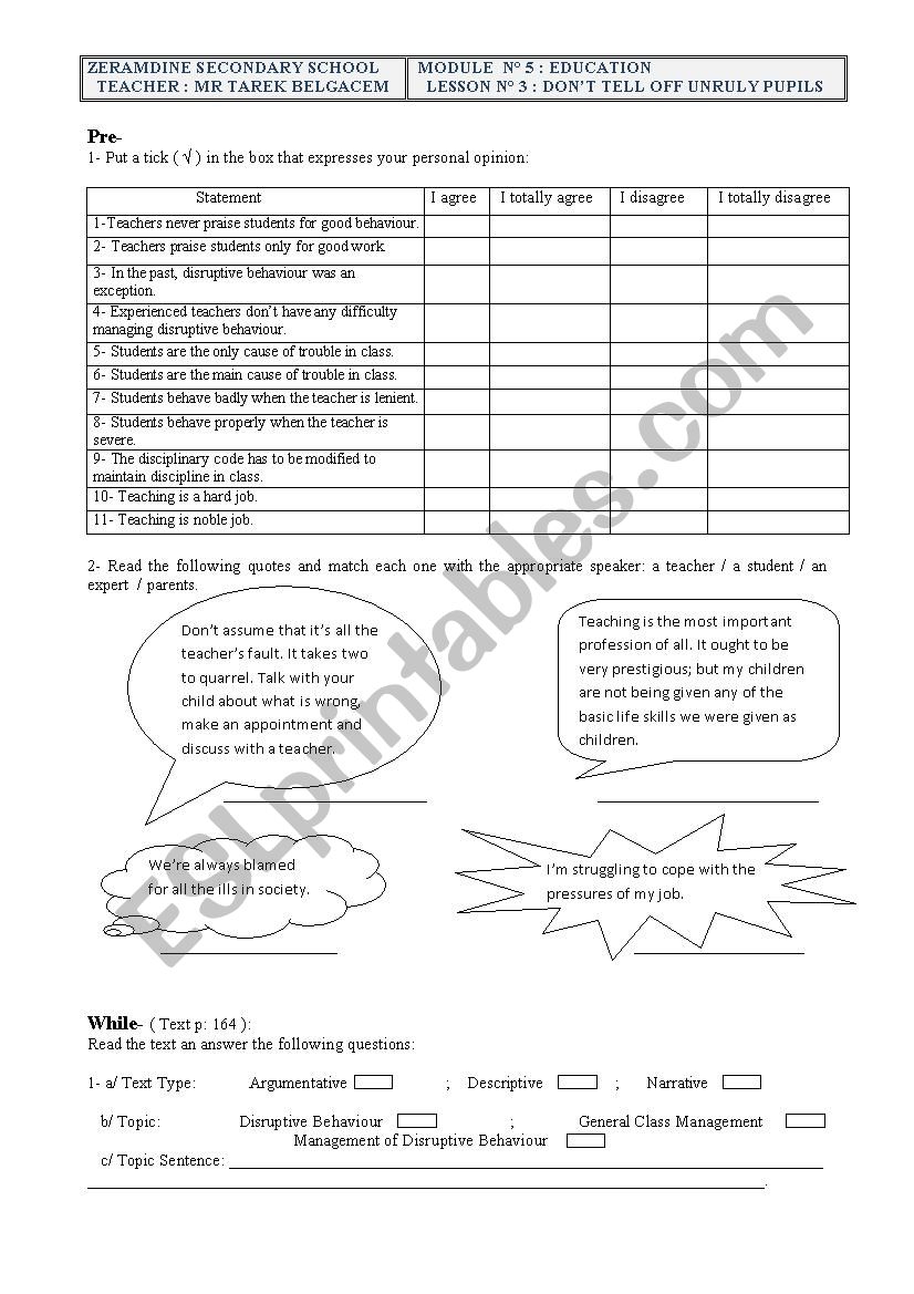 lesson plan, module n° 5: education, lesson n° 3: don´t tell off unruly pupils( third form, secondary education, Tunisia )