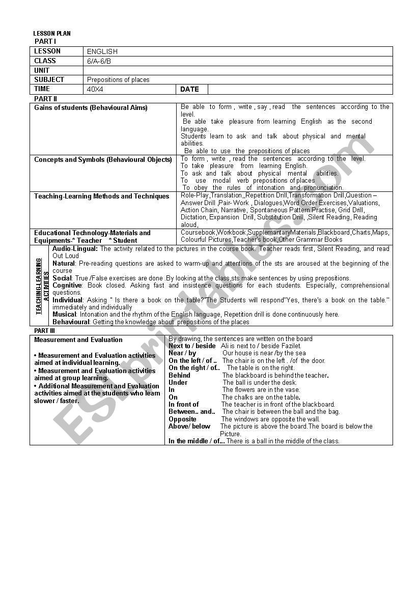 PREPOSITIONS OF PLACES worksheet