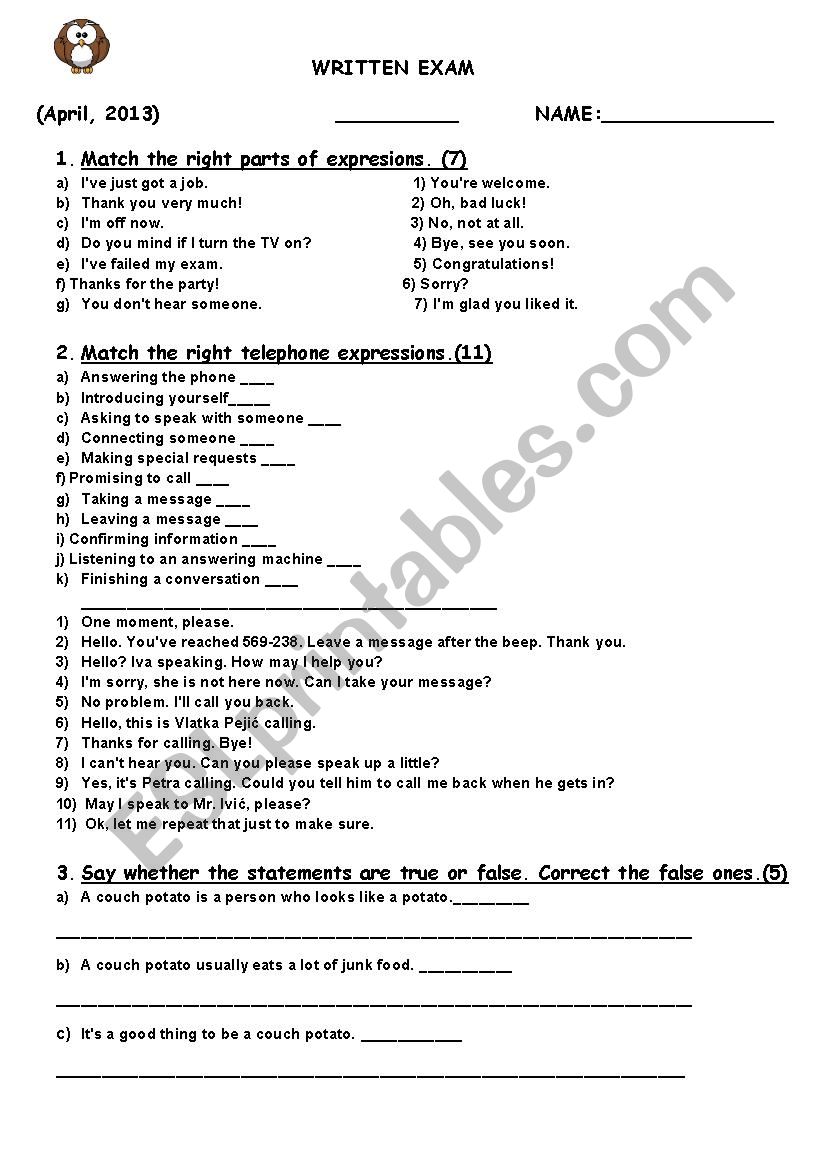 Fifth grade test-telephone conversation, social expressions, past simple (was, were), ordinal and cardinal numbers