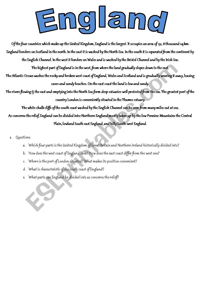 England worksheet