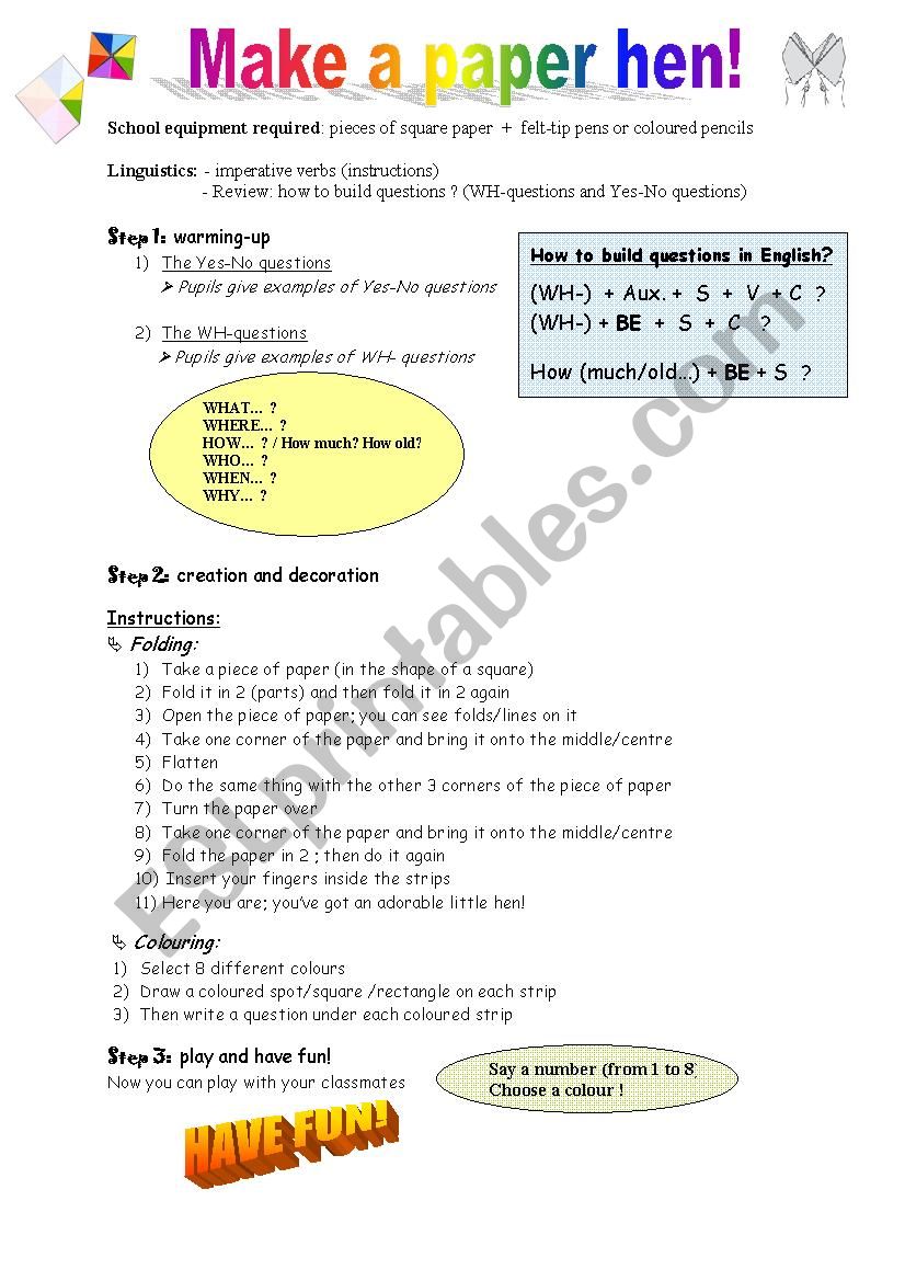 Make a paper hen worksheet