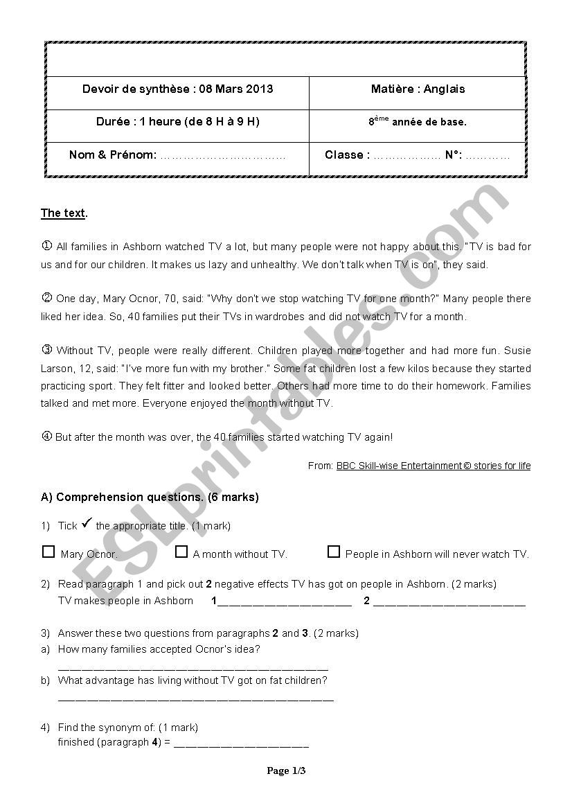 8 th form test- March worksheet