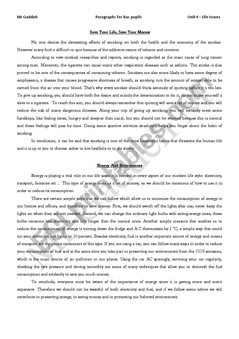 Smoking / Energy worksheet