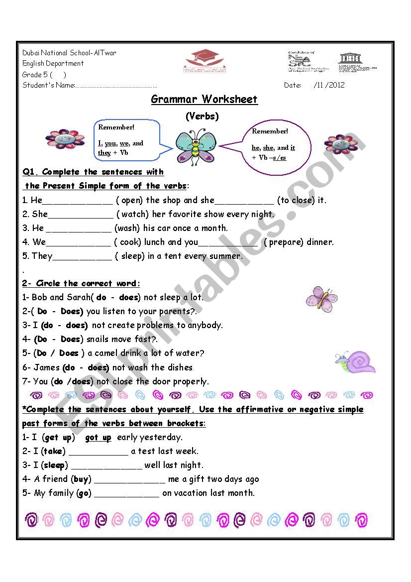 Verbs Worksheet worksheet